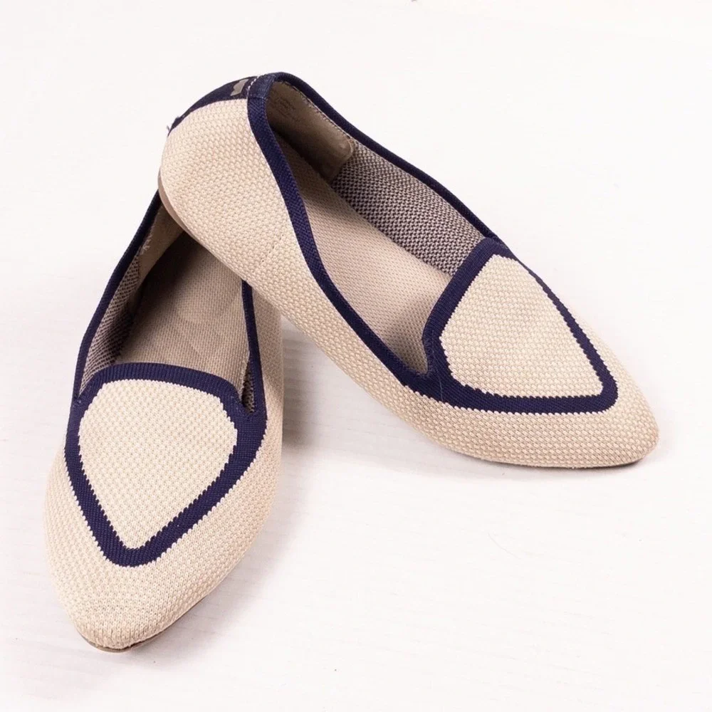 Birdies Blackbird Loafers Womens 7.5 Beige Navy Washable Knit Flats Pointed Toe